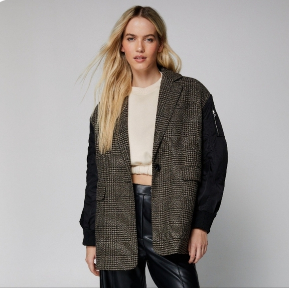 Nasty Gal Wool Blend Hybrid Taylored Check Bomber Jacket NWT sz.14 - Picture 1 of 8
